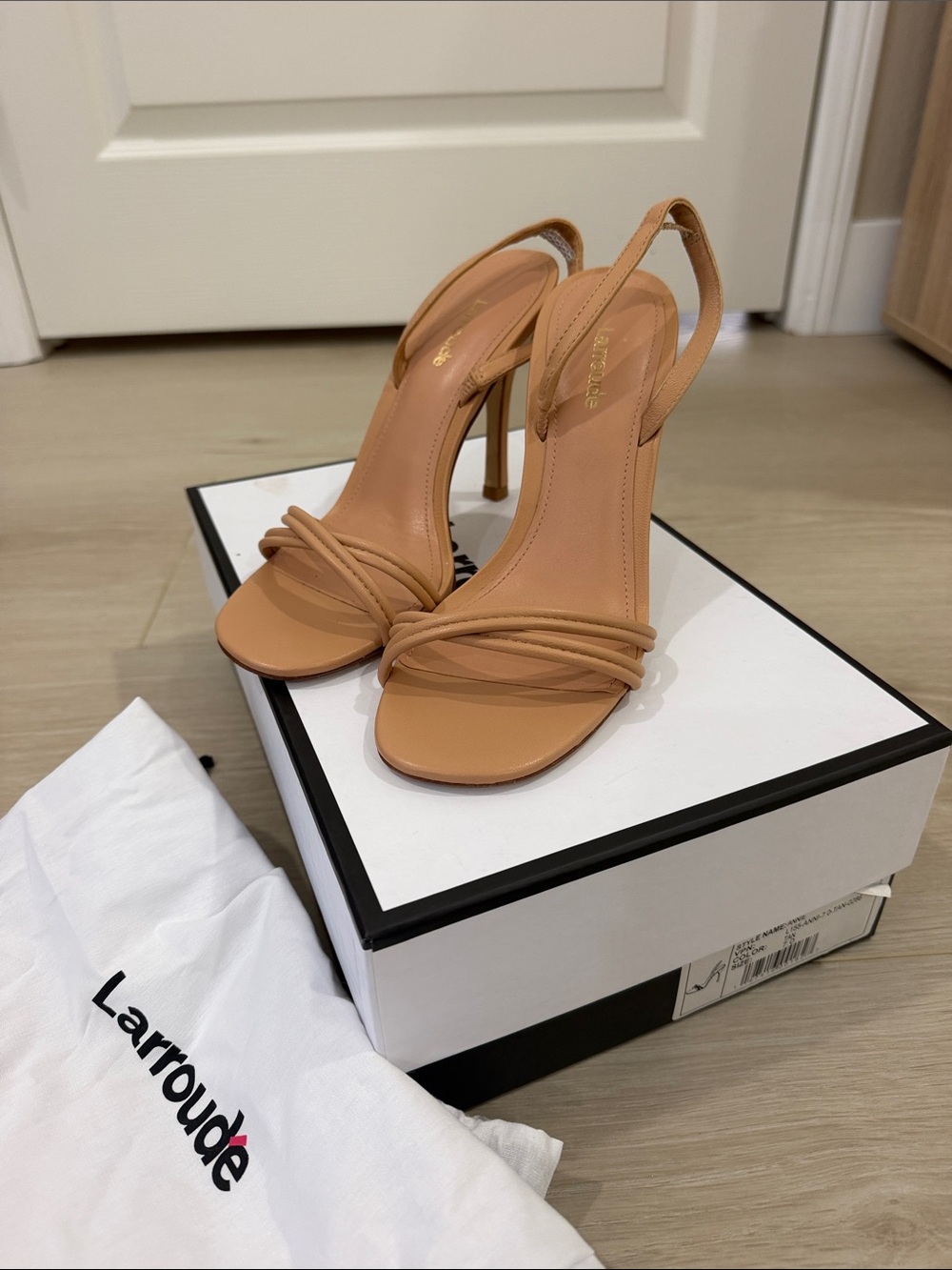 LARROUDE Nude Tan Strappy Slingback Heels